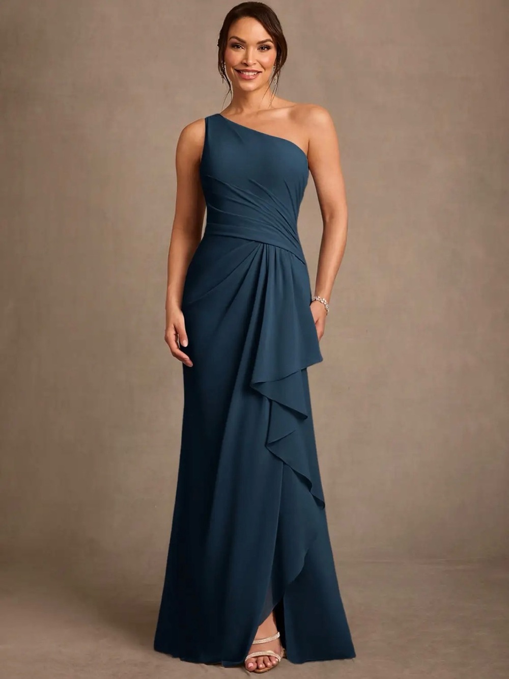 One-Shoulder Azazie Navy Evening Gown - Elegant Draped Maxi Dress 14